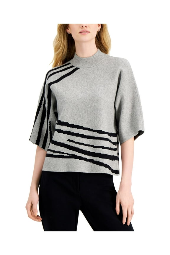 Womens Gray Mock Neck Striped Kimono Sleeve Crop Top Sweater Size: S