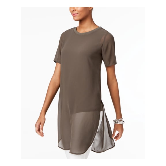 ALFANI Womens Gray Sheer Short Sleeve Crew Neck Tunic Top Size: S