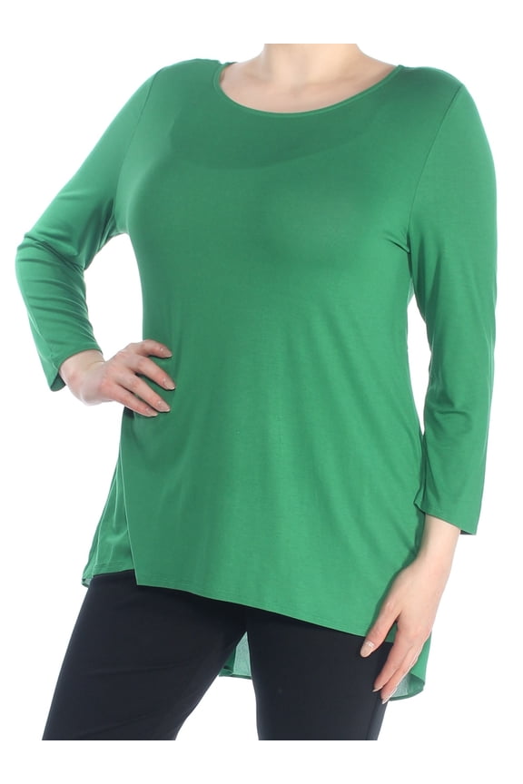 Womens Green Mixed Media Long Sleeve Scoop Neck Hi-Lo Top  Size: XL