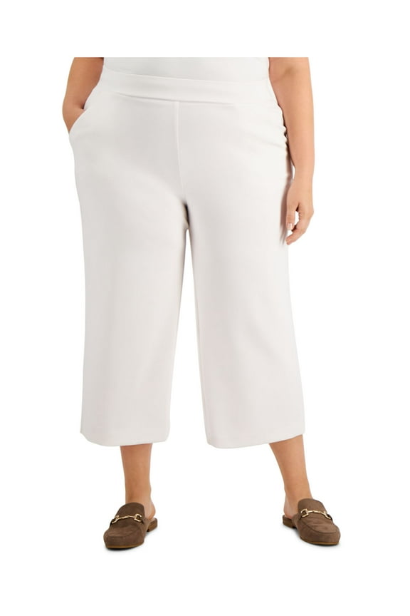 Womens Ivory Stretch Pocketed Cropped Pull-on Styling Wear To Work Wide Leg Pants Plus 1X