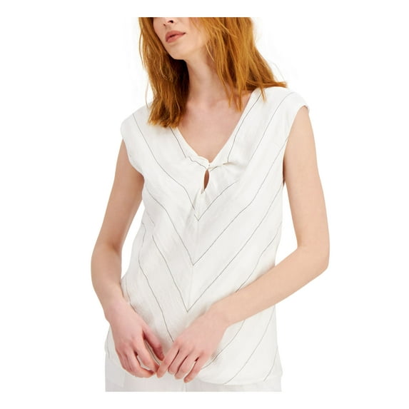 ALFANI Womens Ivory Striped Cap Sleeve V Neck Top XL