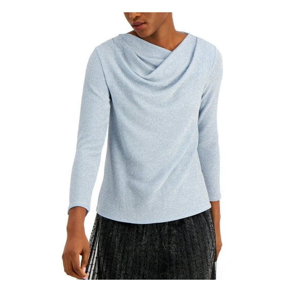 ALFANI Womens Light Blue Glitter Long Sleeve Cowl Neck Blouse XL