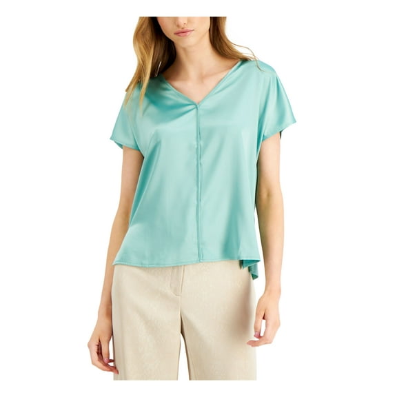 ALFANI Womens Light Blue Glossy Draped Short Sleeve V Neck T-Shirt XL