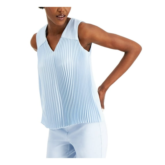 ALFANI Womens Light Blue Pleated Sleeveless V Neck Top Size: S