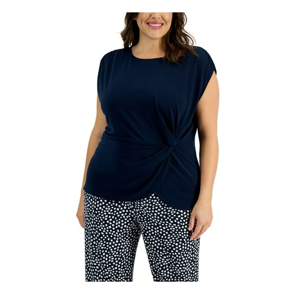 ALFANI Womens Navy Twist Front Ruched Sheer Unlined Asymmetrical Hem Sleeveless Crew Neck Top Plus 3X