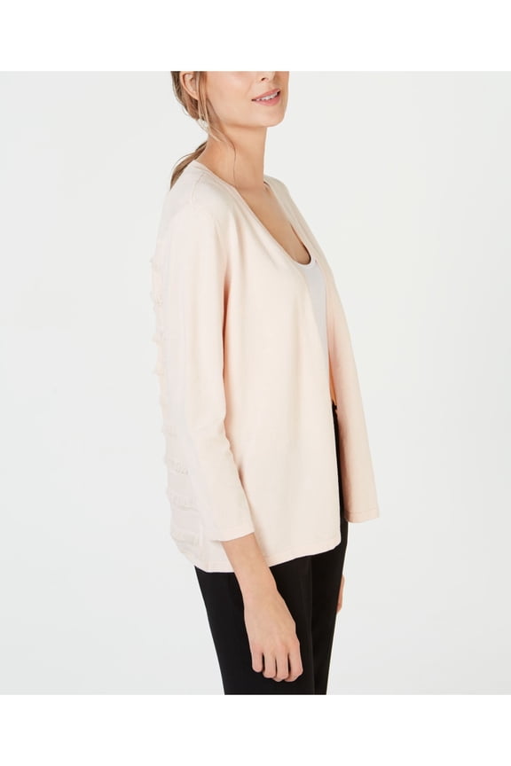 Womens Pink Fringe-back Long Sleeve Open Cardigan Sweater L