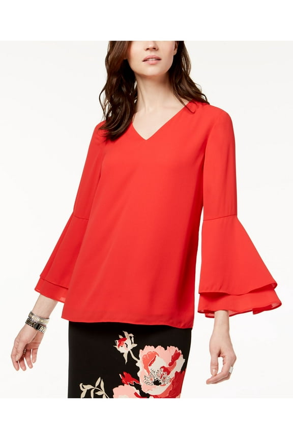 Womens Red Bell Sleeve V Neck Blouse Size: 10