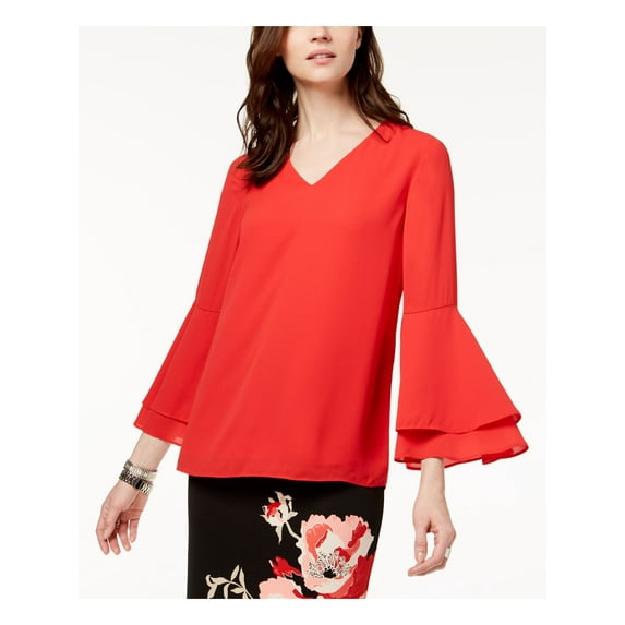ALFANI Womens Red Bell Sleeve V Neck Blouse Size: 10