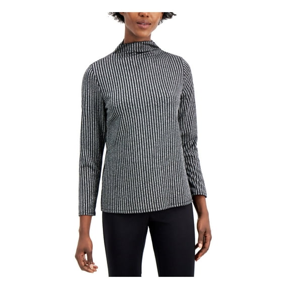 ALFANI Womens Silver Glitter Mock Neck Striped Long Sleeve Top Size: M