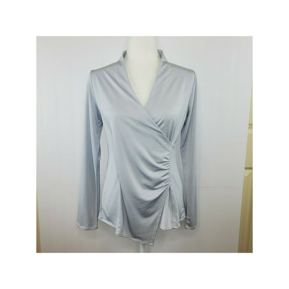 ALFANI Womens Silver Ruched Long Sleeve Surplice Neckline Wear To Work Faux Wrap Top S