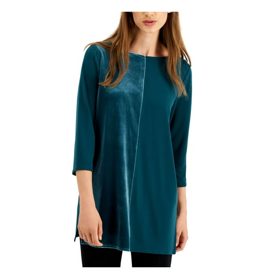 ALFANI Womens Teal 3/4 Sleeve Boat Neck Tunic Top S