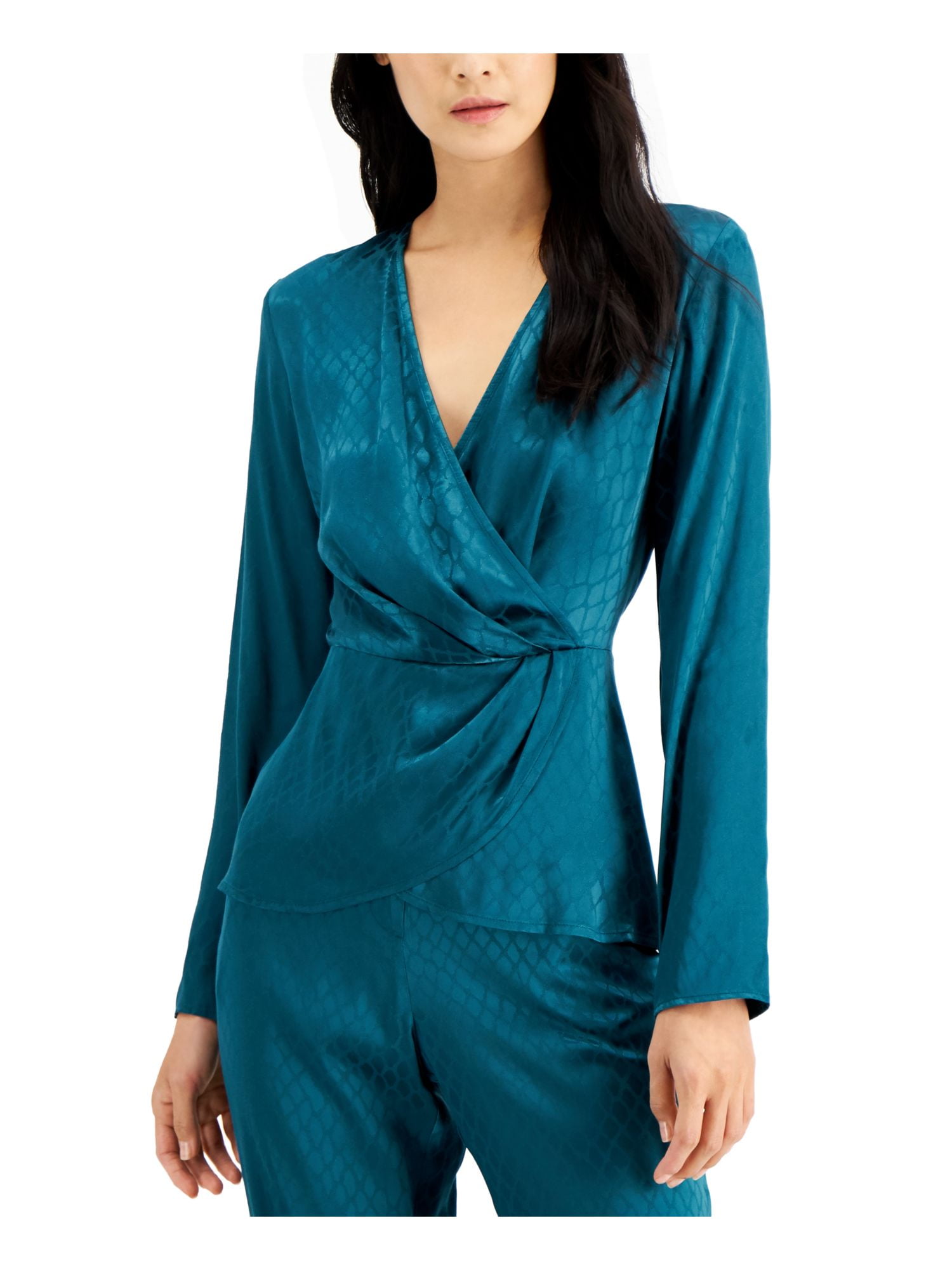 ALFANI Womens Teal Animal Print Long Sleeve Blouse Size: S