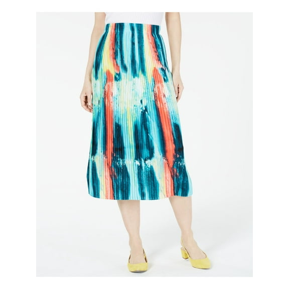 ALFANI Womens Teal Pull-on Printed Midi Party Knife Pleated Skirt L