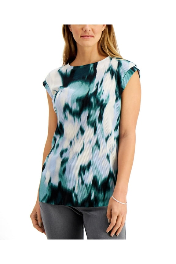 Womens Teal Textured Printed Cap Sleeve Crew Neck Wear To Work T-Shirt L
