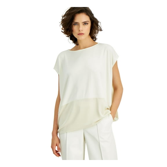 ALFANI Womens White Color Block Crew Neck Top L