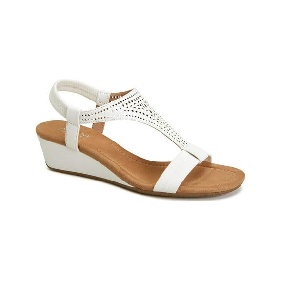 ALFANI Womens White Demi Wedge Heel Elastic Gore Ankle Strap Perforated Cushioned T-Strap Vacanzaa Round Toe Wedge Slip On Sandals Shoes 11 M