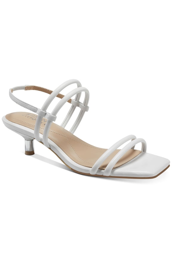 Womens White Goring Metallic Heel Strappy Padded Paulina Square Toe Kitten Heel Slip On Leather Slingback Sandal 9.5 M