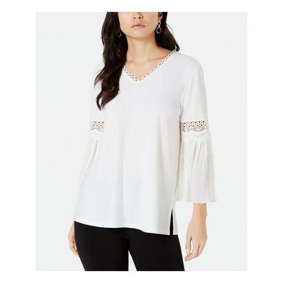 ALFANI Womens White Lace Long Sleeve V Neck Top Size: M