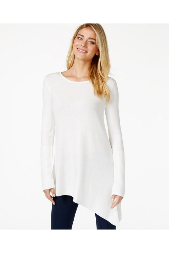 Womens White Long Sleeve Jewel Neck Trapeze Top Size: L