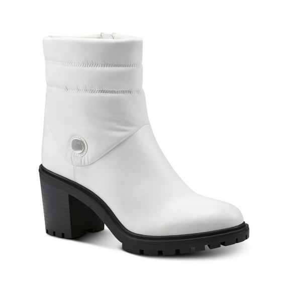 ALFANI Womens White Mixed Media Puffer Quilted Detailing Lug Sole Padded Belcalise Almond Toe Block Heel Zip-Up Booties 8 M