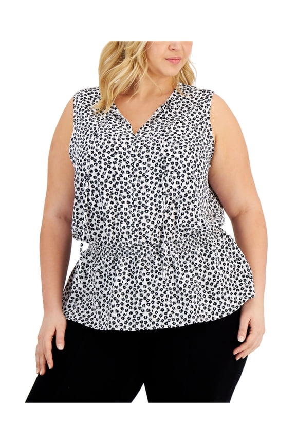 Womens White Tie Smocked Floral Sleeveless Split Peplum Top Plus 2X