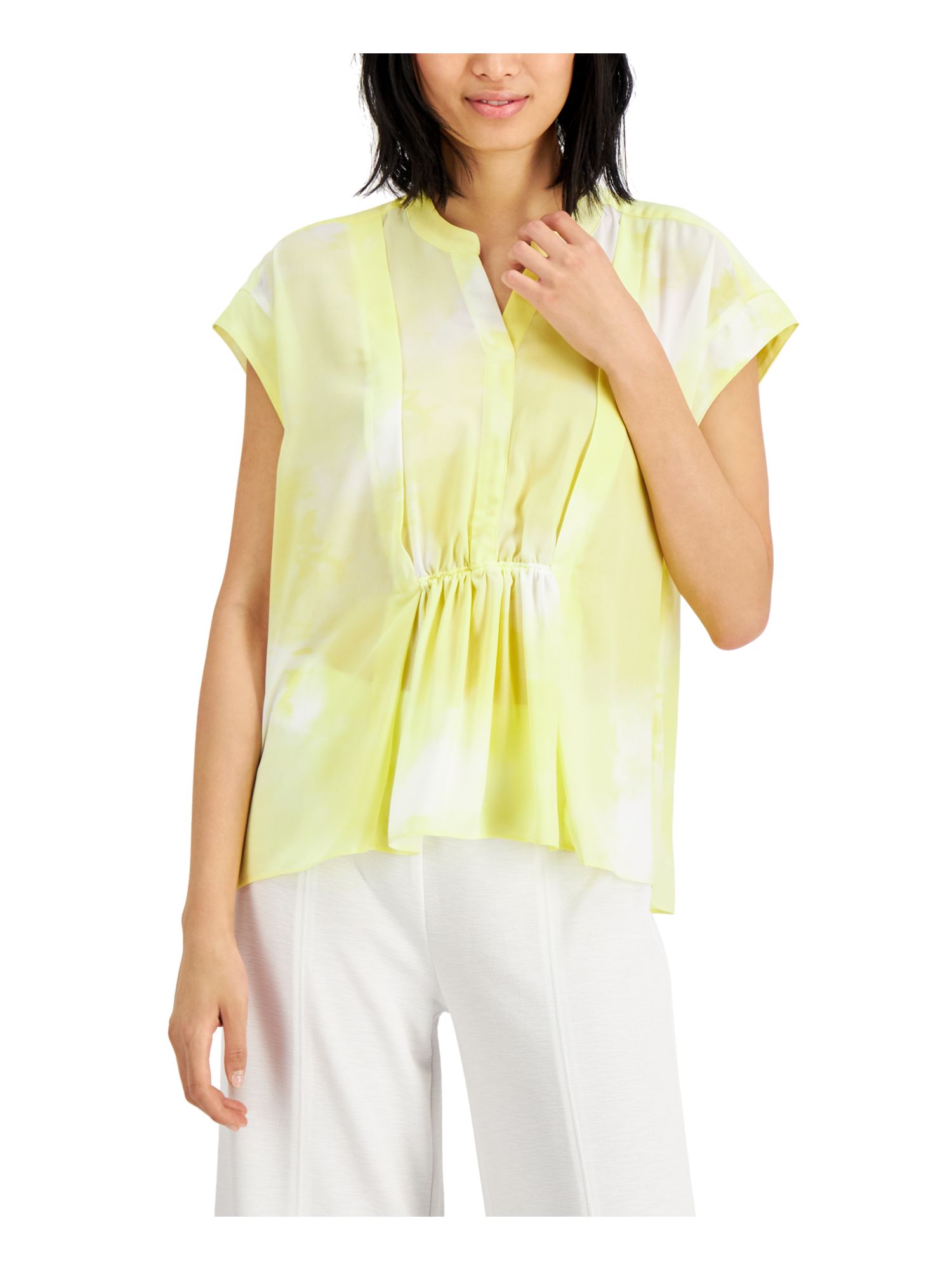 ALFANI Womens Yellow Acid Wash Tunic Top S