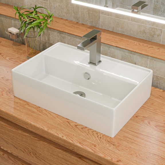 ALFI Brand ABC901-W White 24" Modern Rectangular Above Mount Ceramic Sink with Faucet Hole