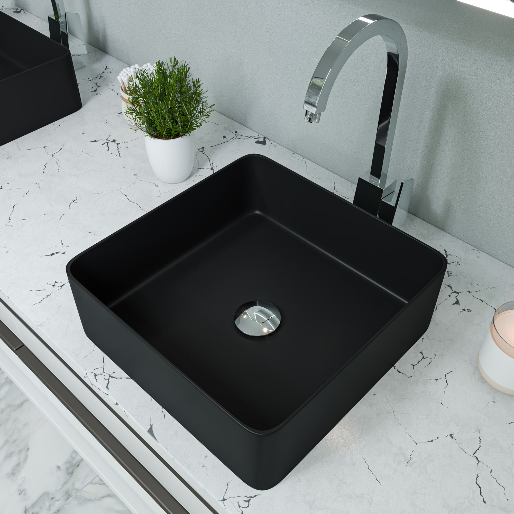 Black Matte Square Ceramic Bathroom Sink 15.13"