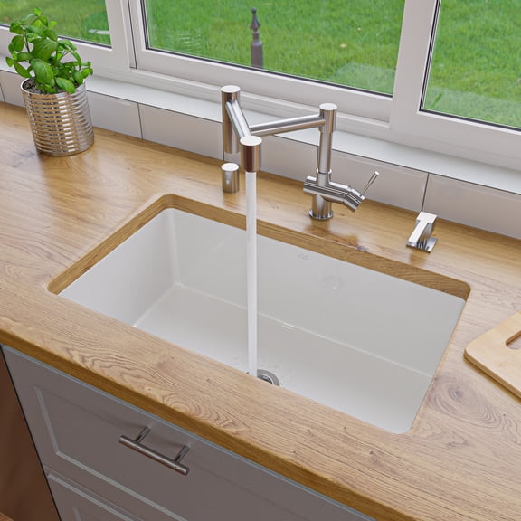 ALFI brand ABF3018UD-W White 30" x 18" Fireclay Undermount Fireclay Kitchen Sink