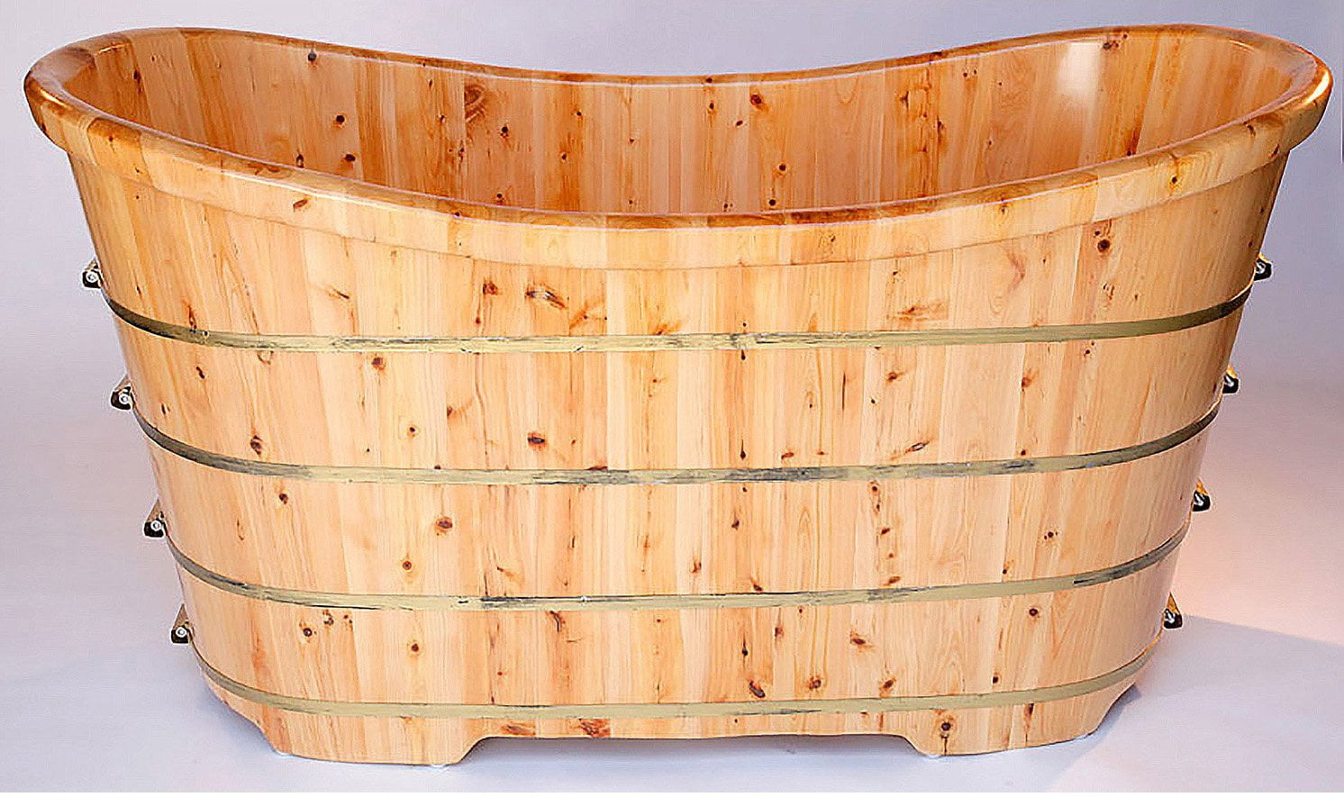 63'' Natural Cedar Freestanding Soaking Bathtub with Iron Wraps