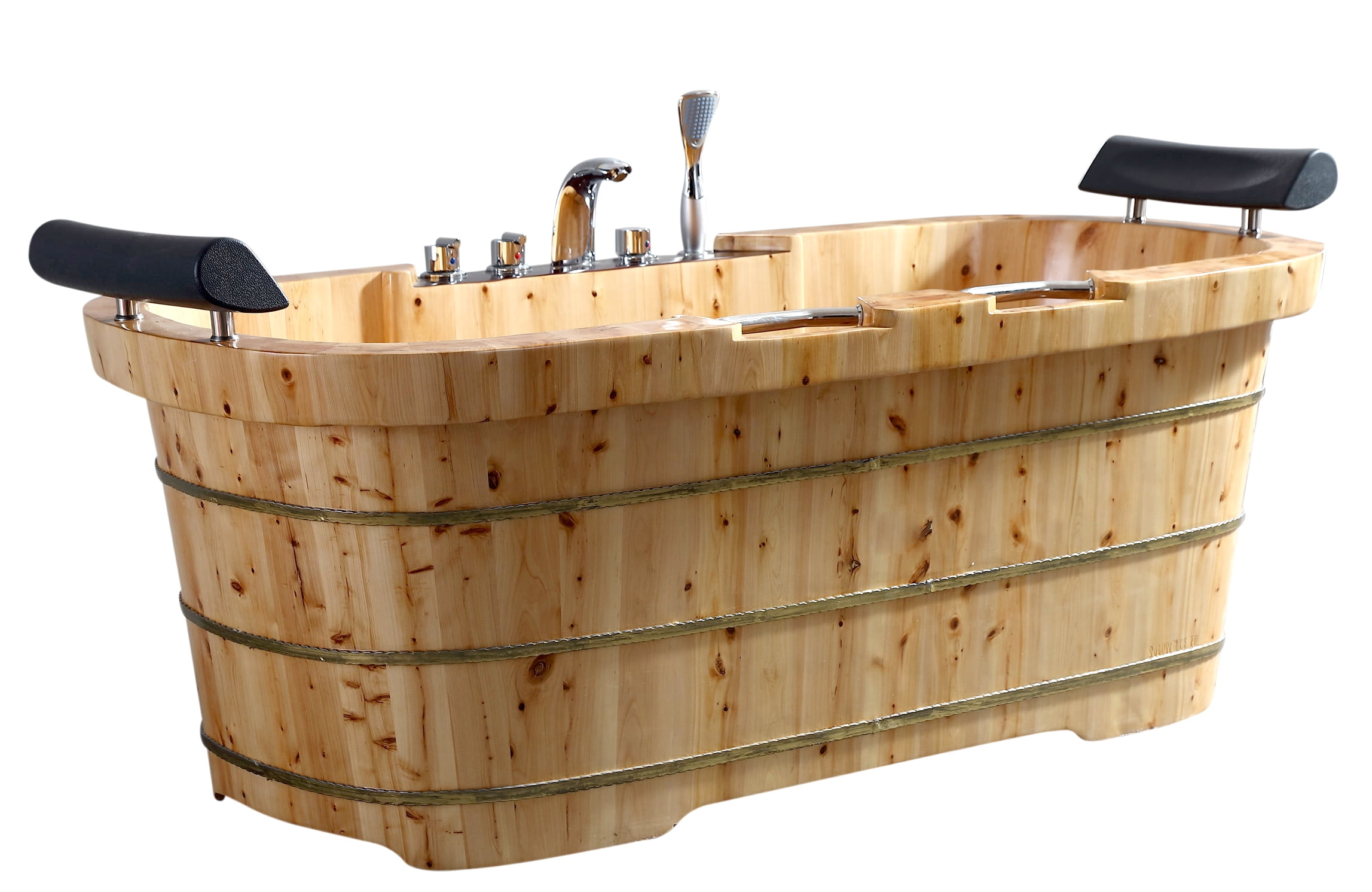 65'' Natural Cedar Wood Freestanding Soaking Bathtub with Fixtures