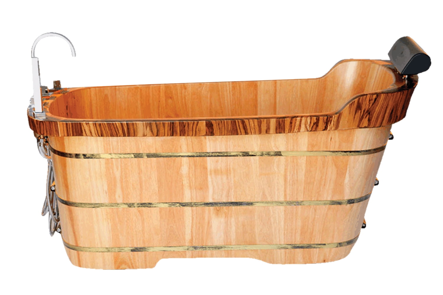 Natural Wood Freestanding Soaking Bathtub with Chrome Faucet
