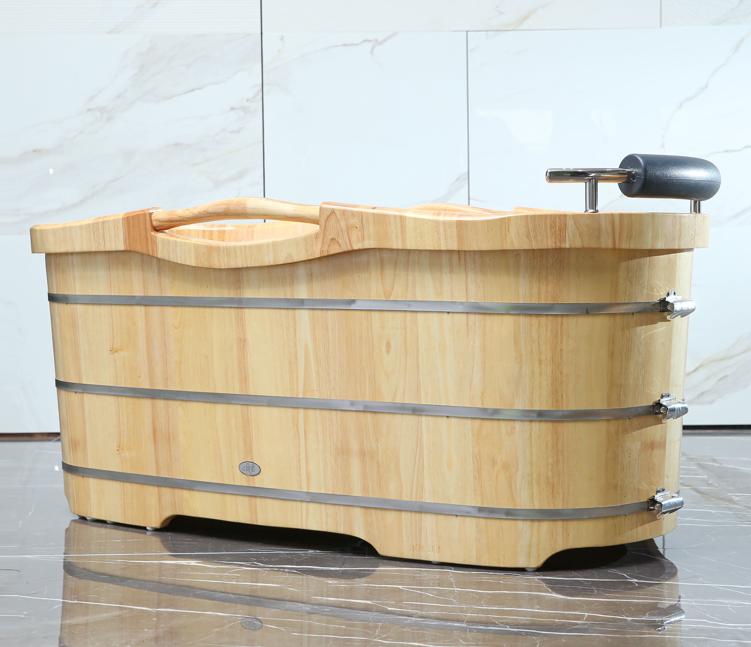 61'' Natural Oak Freestanding Soaking Bathtub with Cushion Headrest