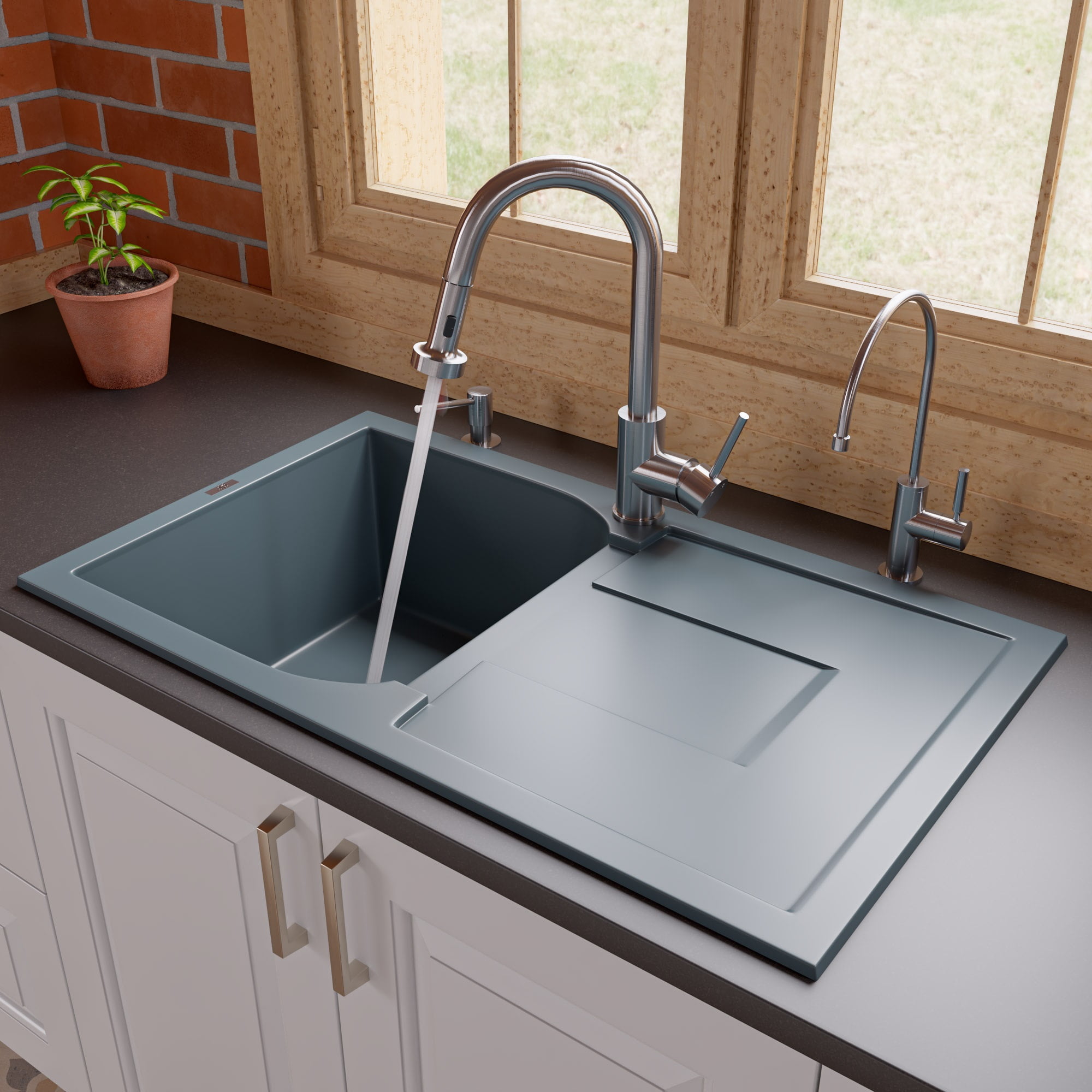 Titanium Gray Granite Single Bowl Kitchen Sink with Drainboard