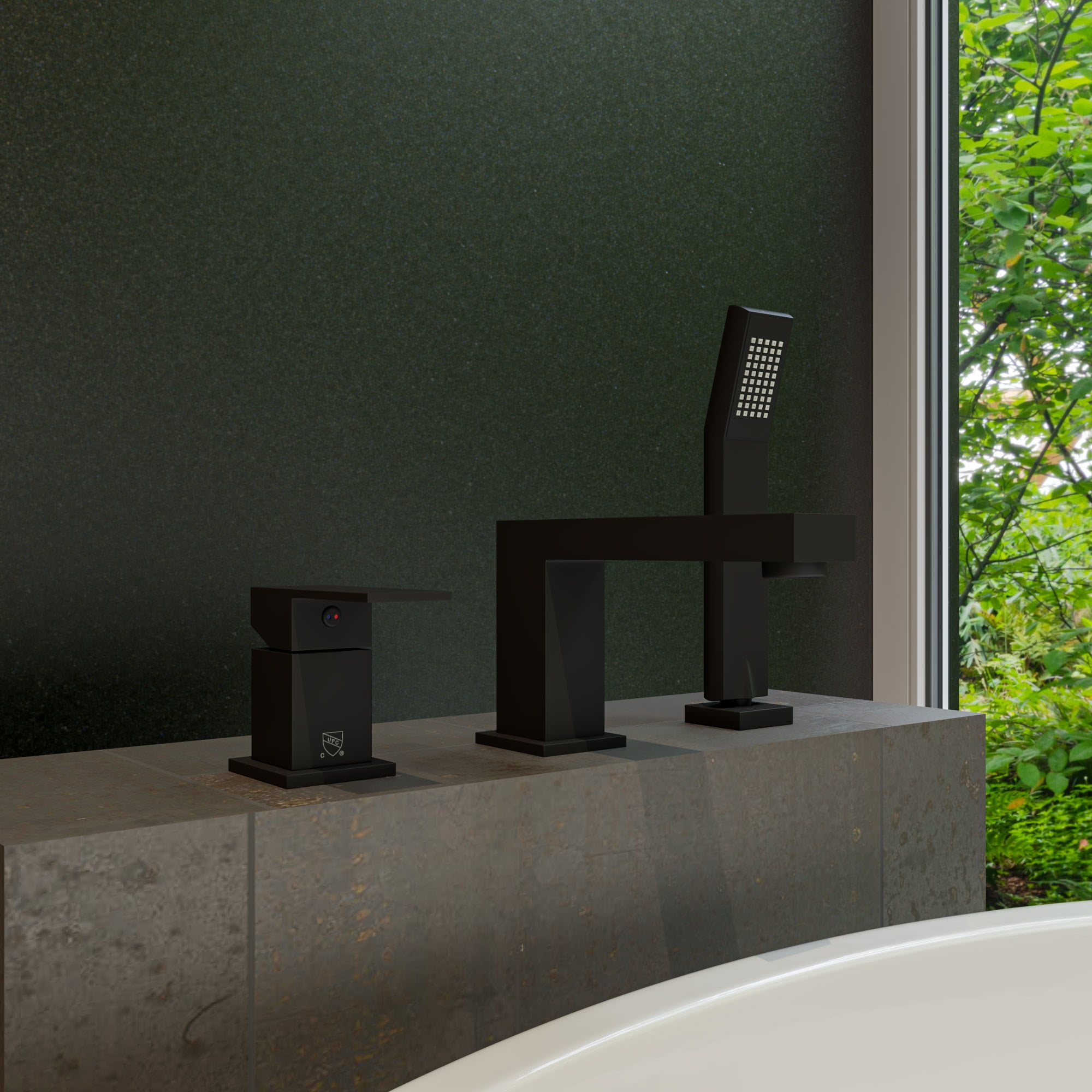 Black Matte Modern Deck Mounted Tub Filler with Handheld Shower