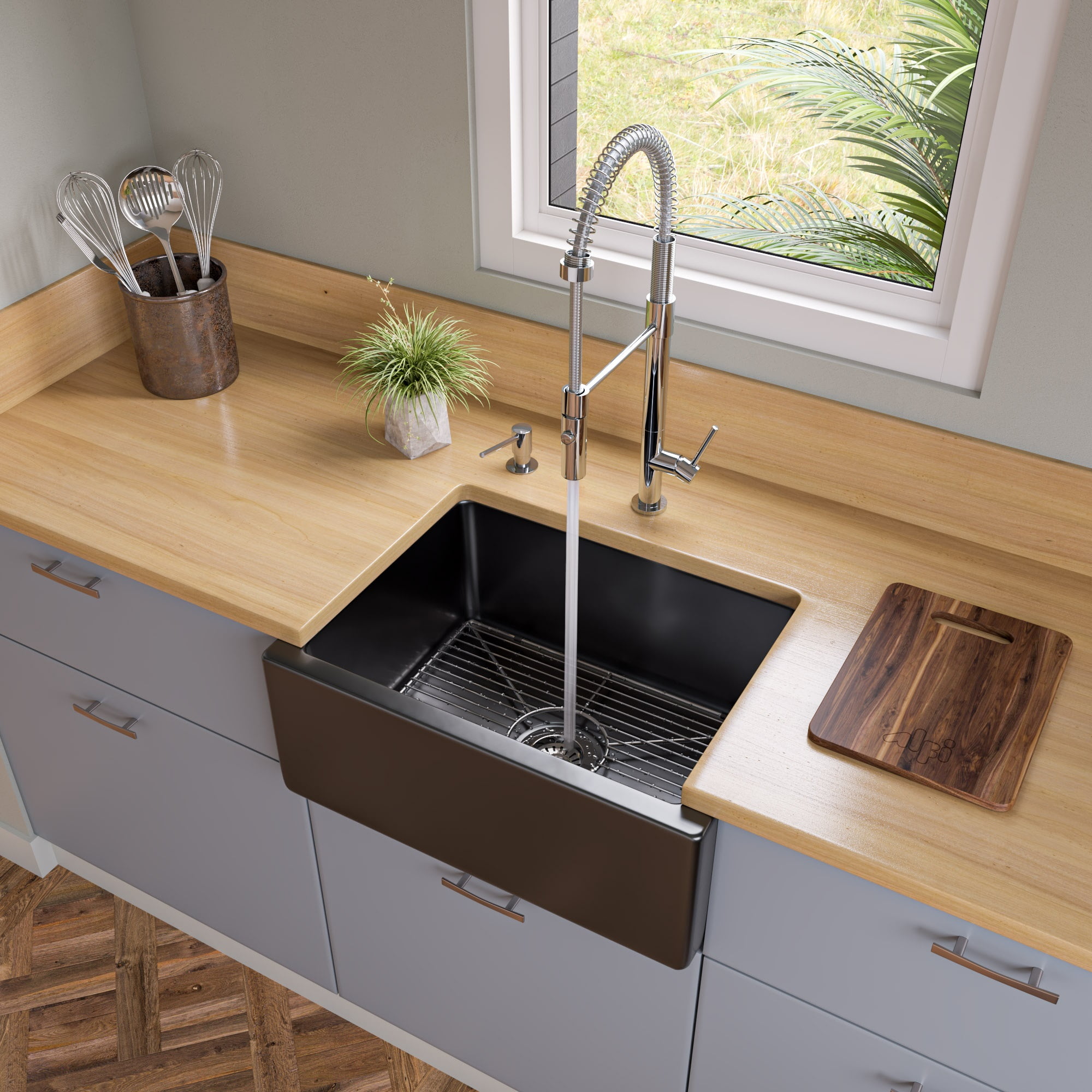 24'' Gloss Black Fireclay Farmhouse Drop-In Sink