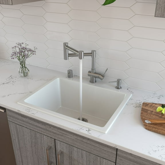 ALFI brand AB2418UD 24" White Undermount / Drop In Fireclay Kitchen Sink