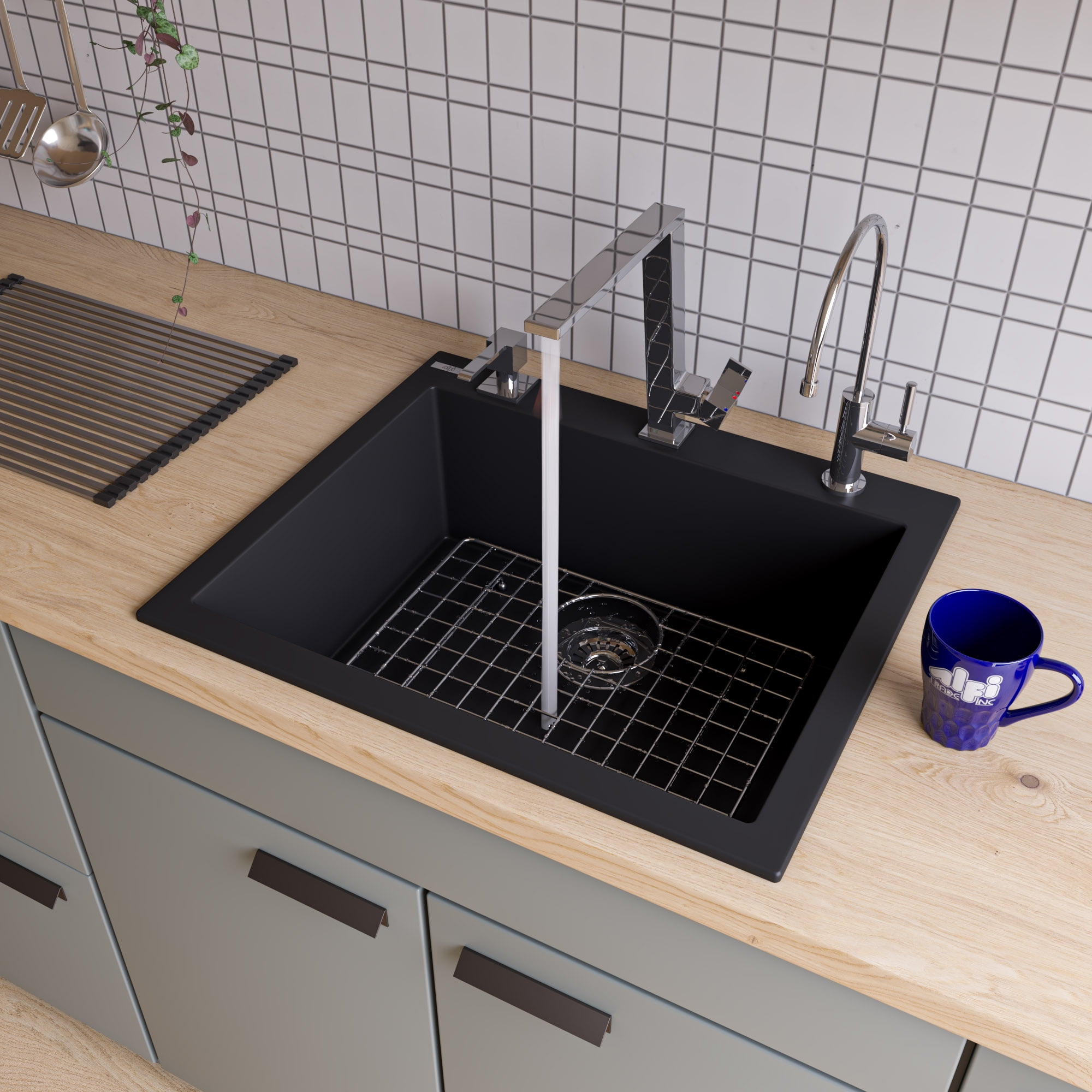 24'' Black Granite Single Bowl Drop-In Kitchen Sink