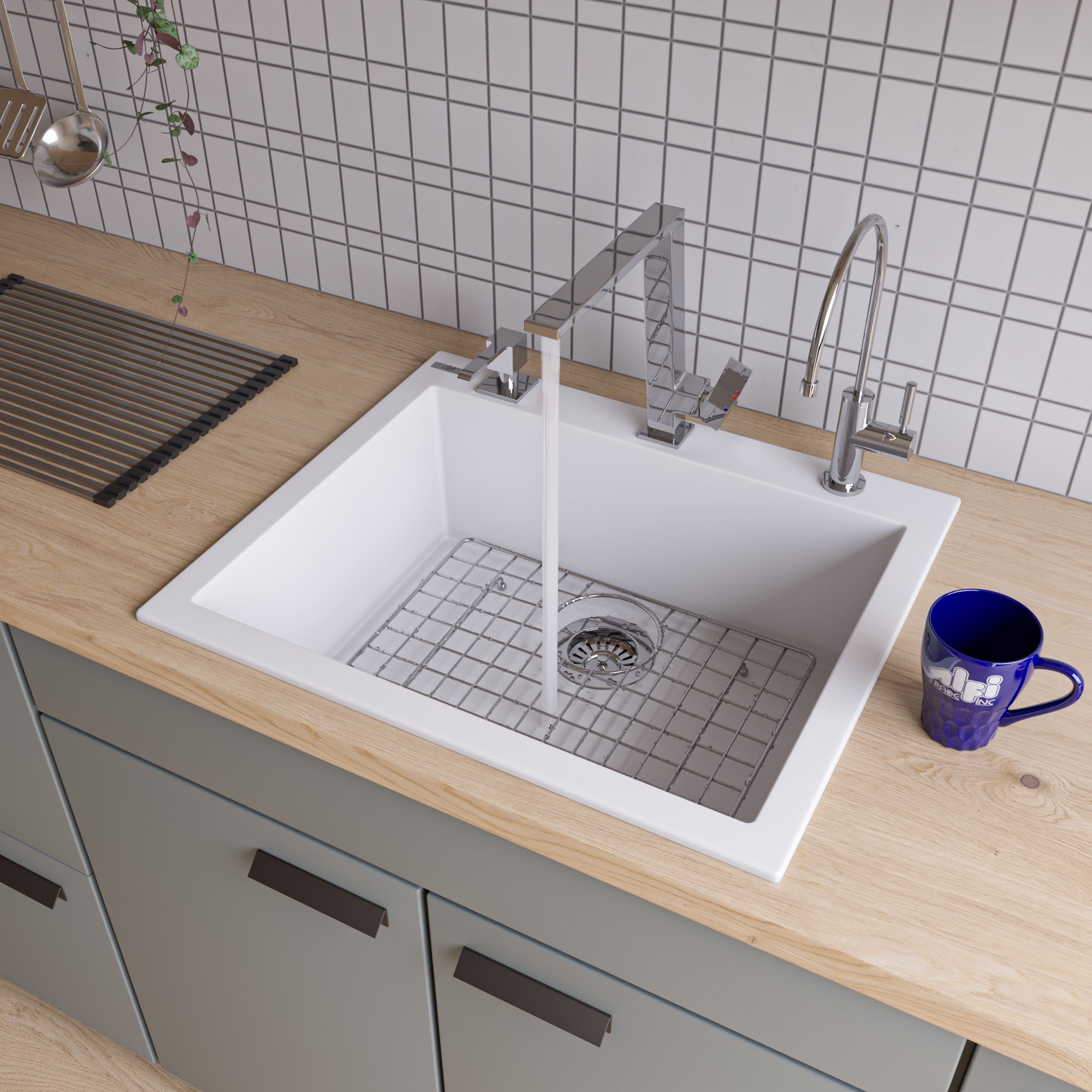 24" White Granite Composite Single Bowl Kitchen Sink