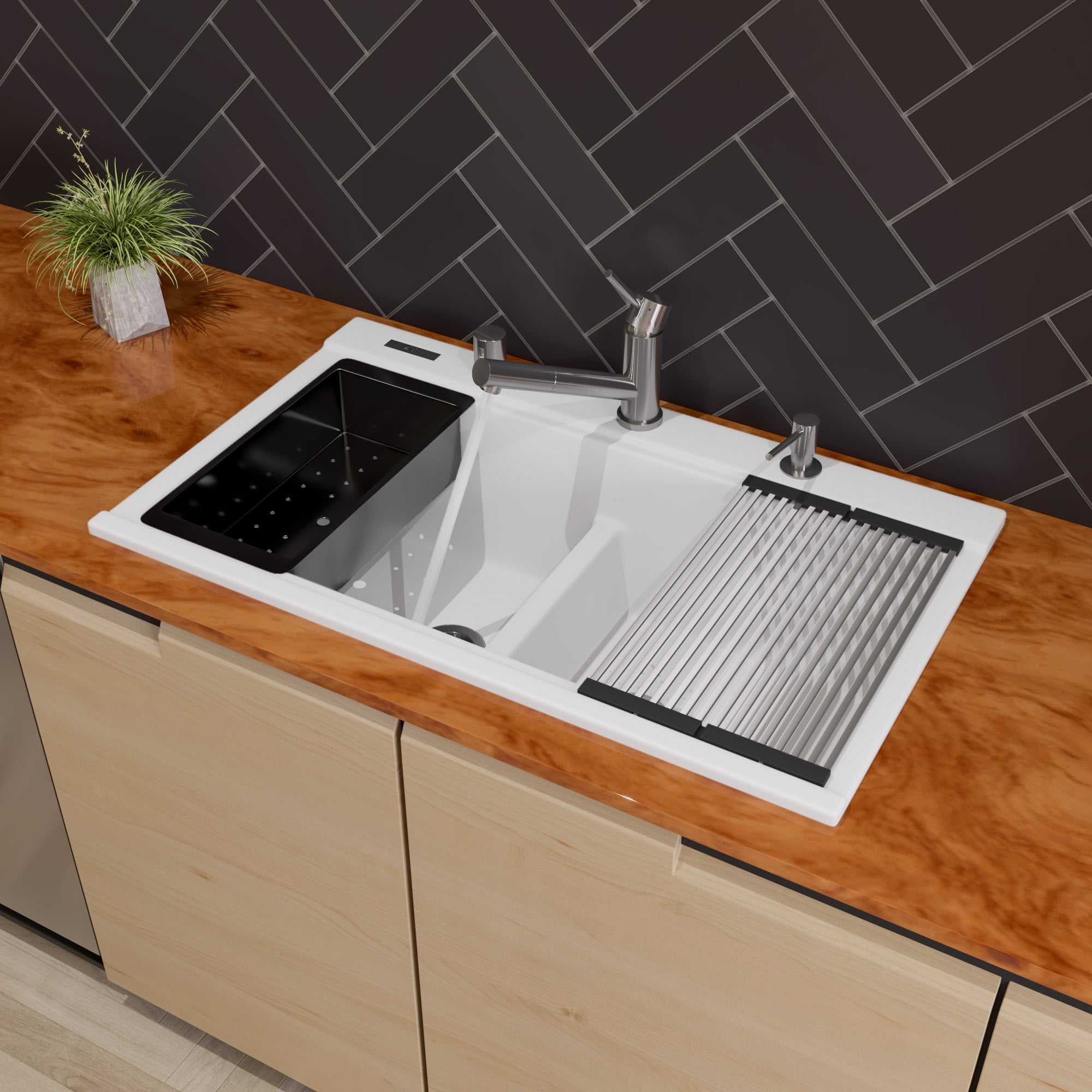 34'' White Granite Composite Double Bowl Drop-In Kitchen Sink