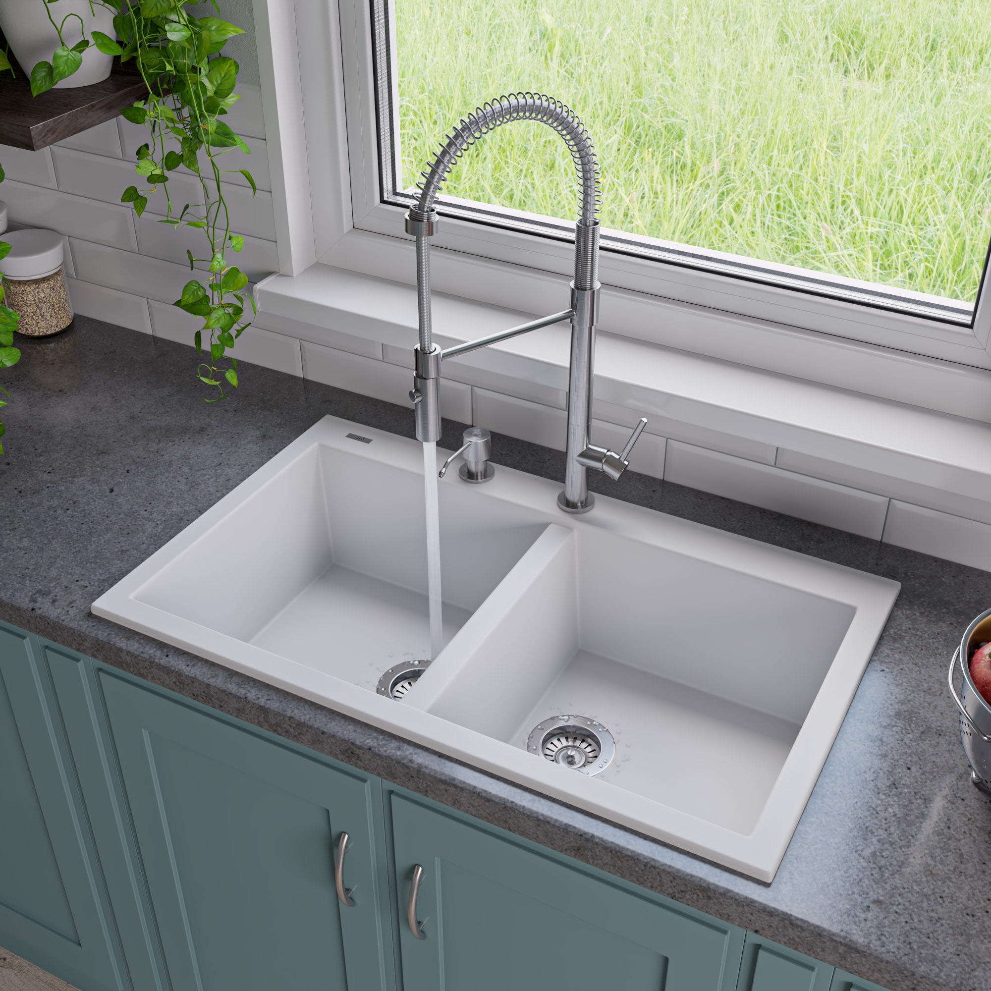 White Granite Double Bowl Drop-In Kitchen Sink