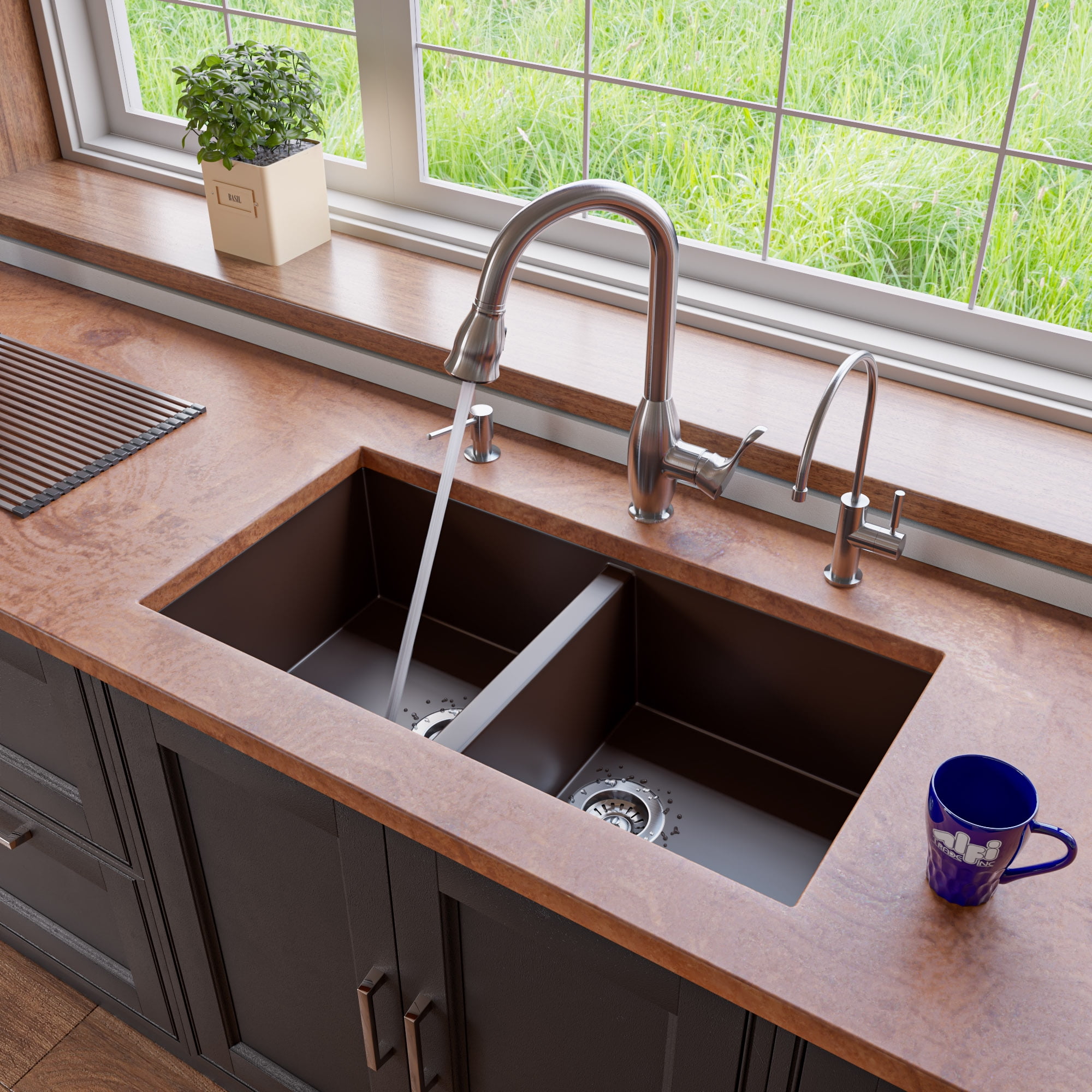 Chocolate Granite Double Bowl Undermount Kitchen Sink, 34"