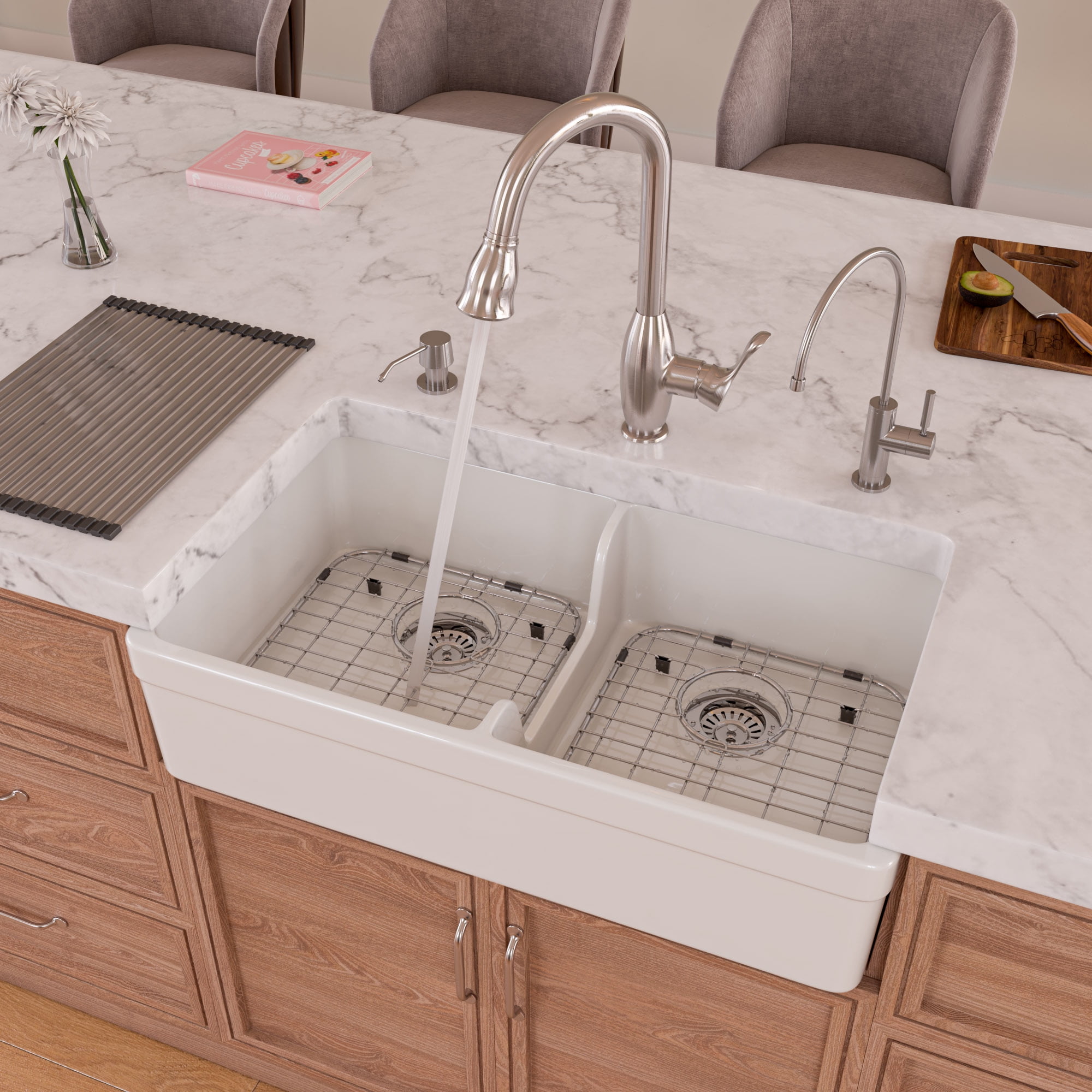 32'' White Fireclay Double Bowl Farmhouse Sink