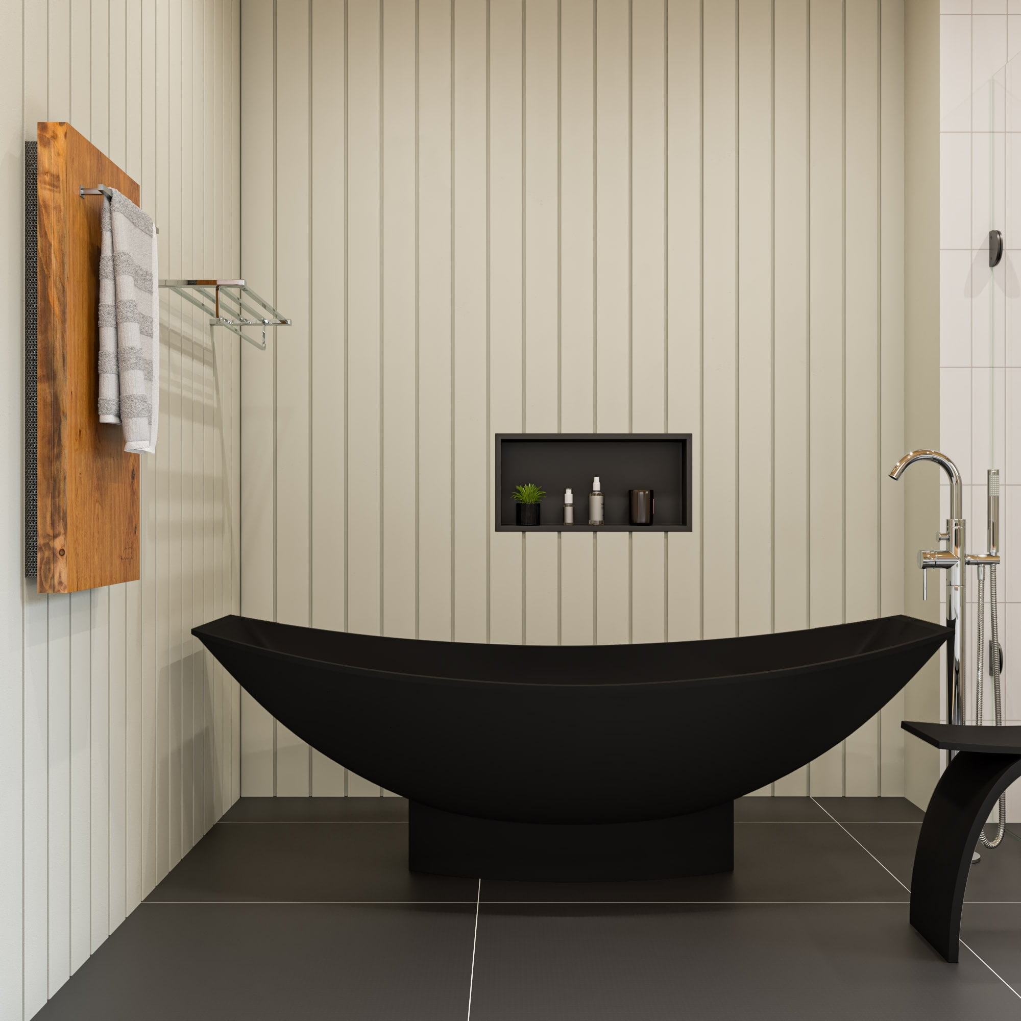 71" Black Matte Solid Surface Freestanding Hammock Bathtub