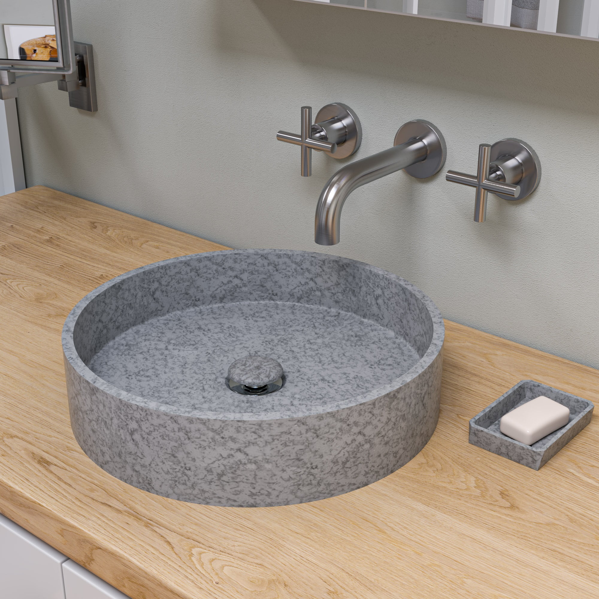 Gray Matte Circular Ceramic Bathroom Sink, 20-inch
