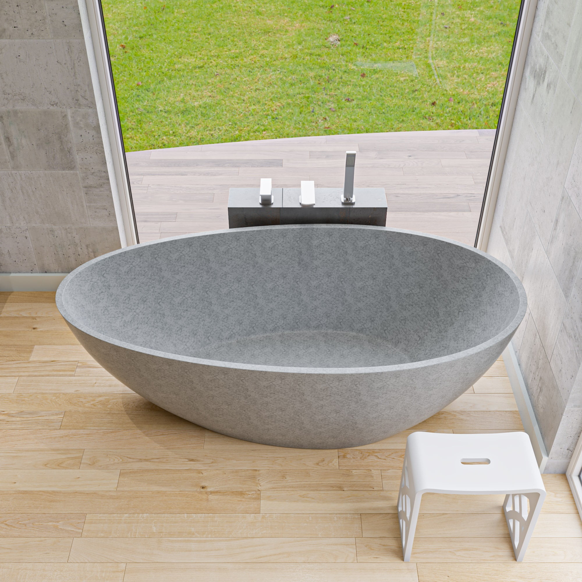 72'' Gray Matte Freestanding Oval Concrete Soaking Bathtub