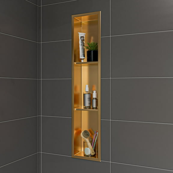 ALFI brand ABNP0836-BG 8" x 36" Brushed Gold PVD Stainless Steel Vertical Triple Shelf Shower Niche