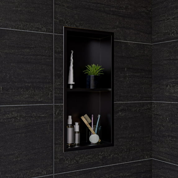 ALFI brand ABNP1224-BB 12" x 24" Brushed Black PVD Stainless Steel Vertical Double Shelf Shower Niche