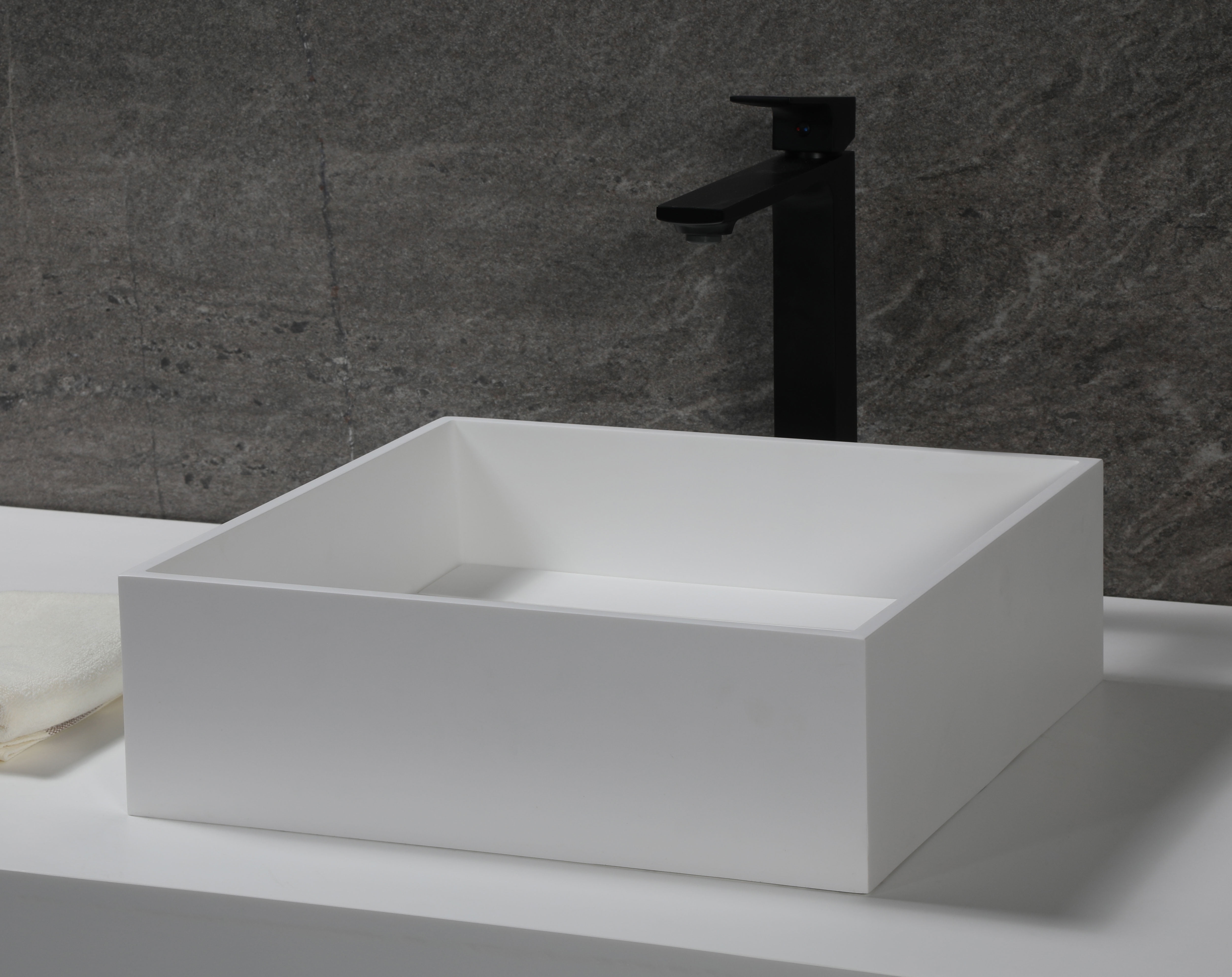 Matte White Square Resin Bathroom Sink with Concealed Drain