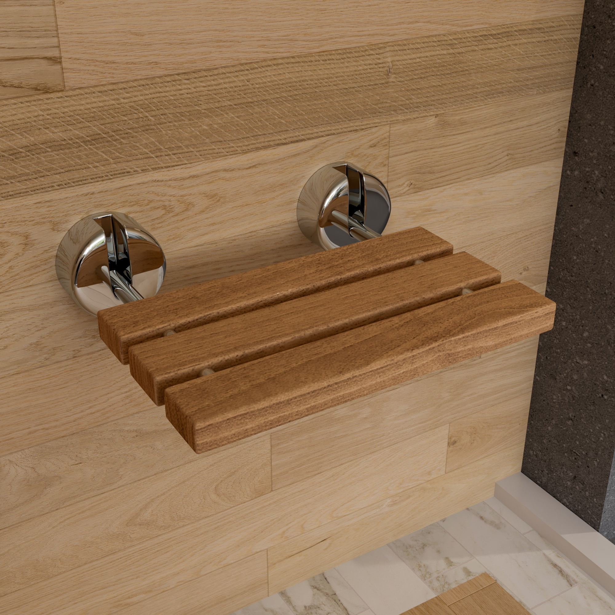 16" Folding Teak Wood Shower Seat with Chrome Finish